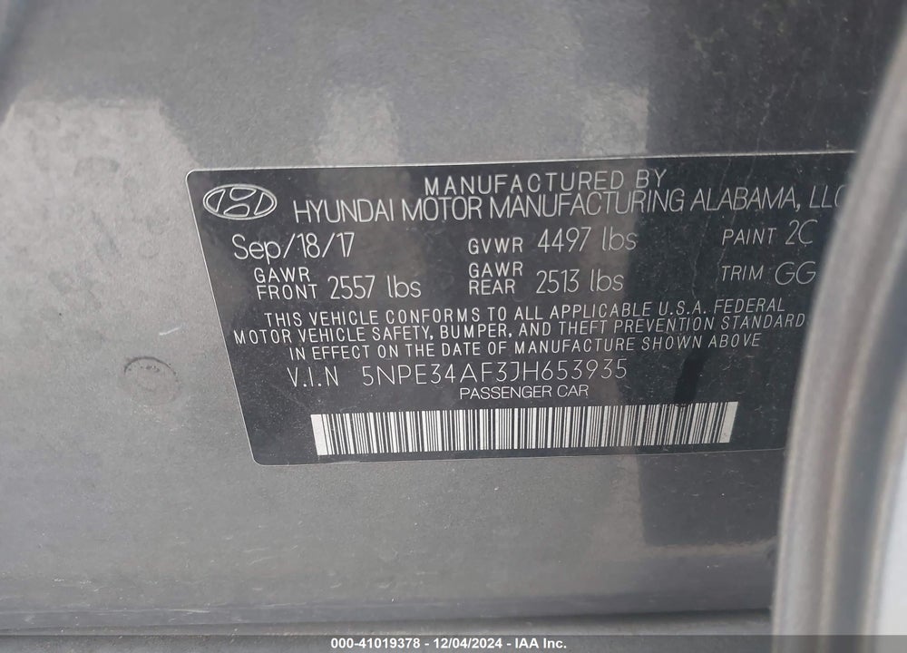 2018 HYUNDAI SONATA VIN: 5NPE34AF3JH653935