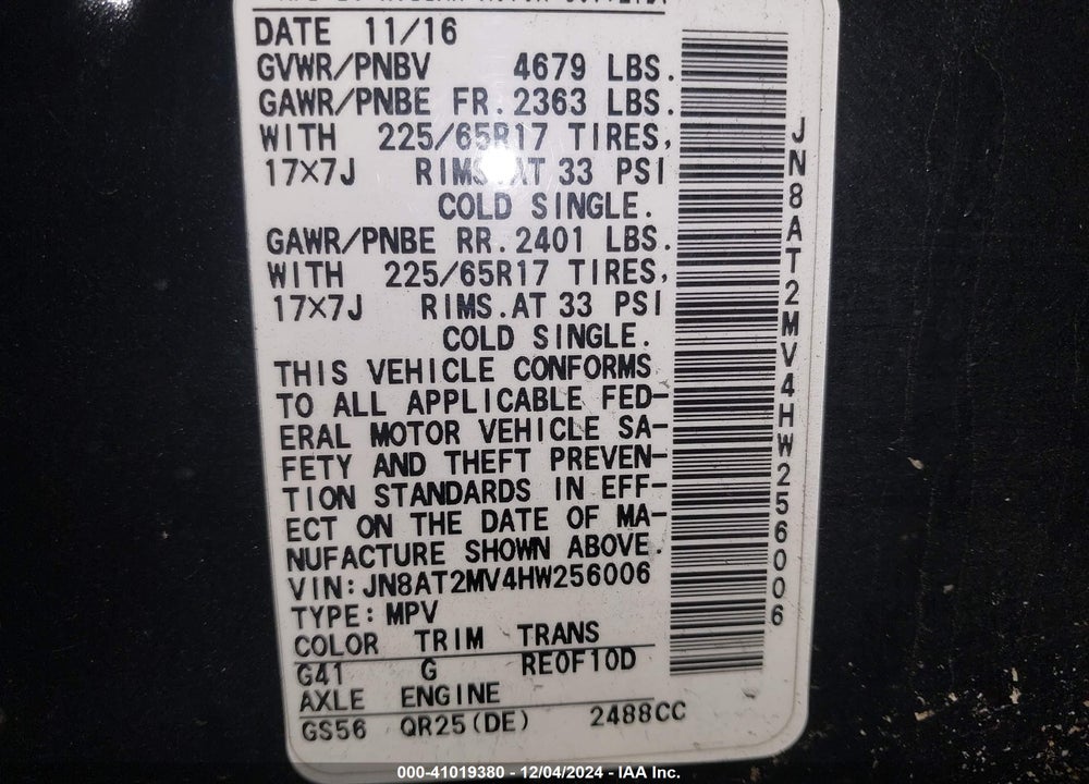 2017 NISSAN ROGUE S VIN: JN8AT2MV4HW256006