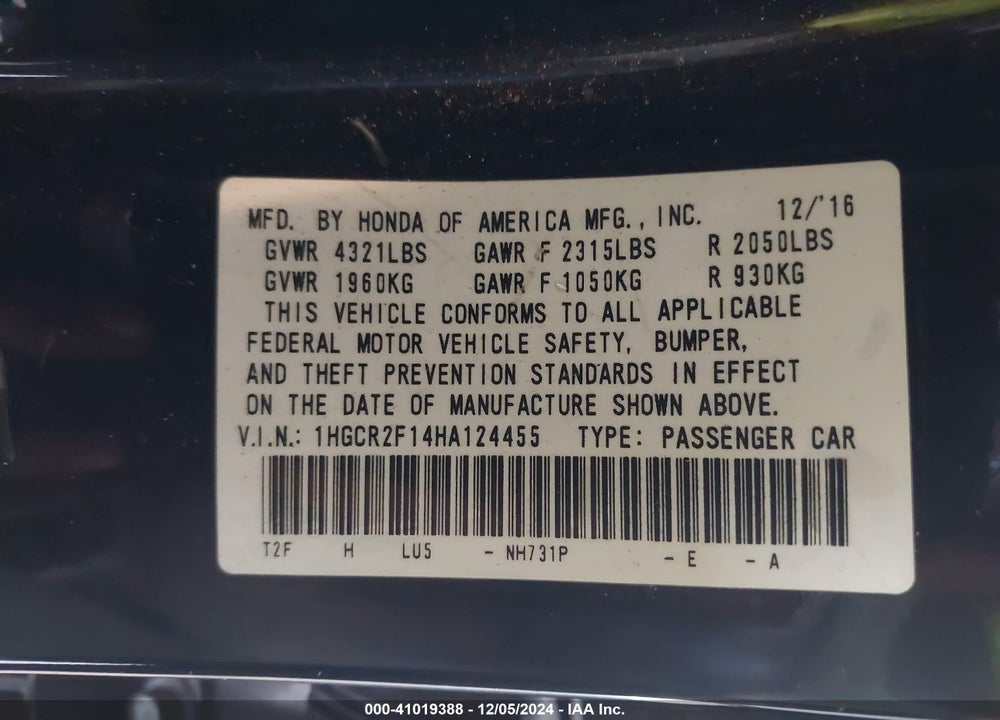 2017 HONDA ACCORD SPORT SE VIN: 1HGCR2F14HA124455