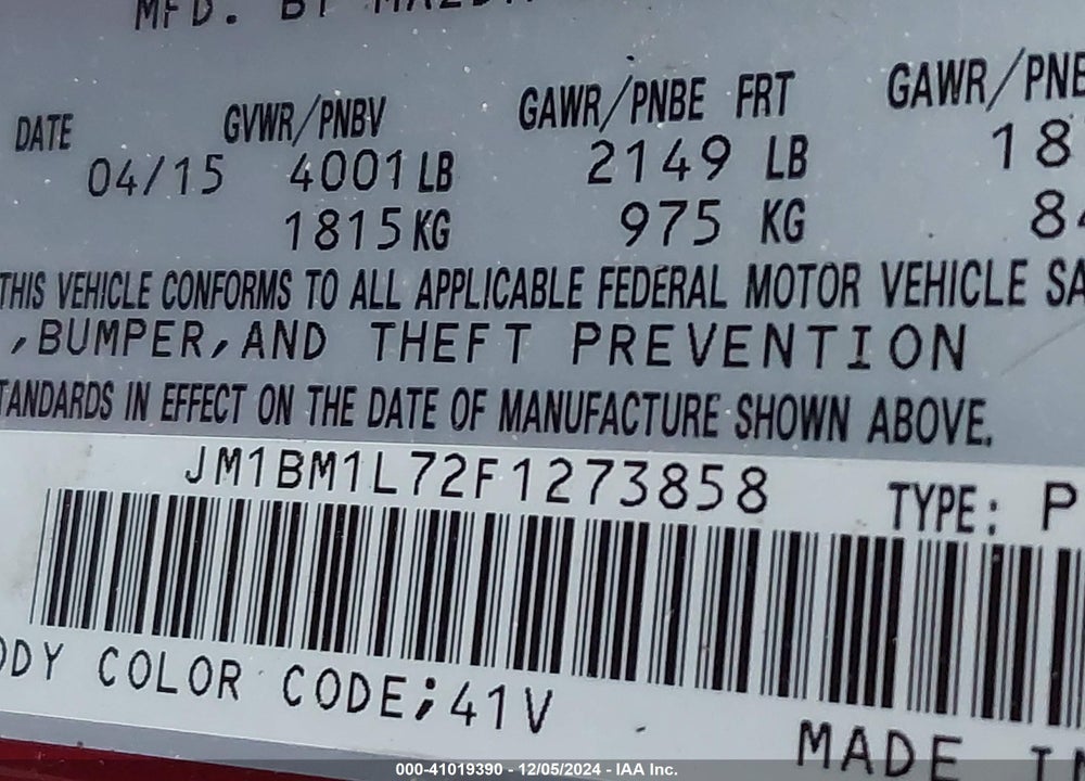 2015 MAZDA MAZDA3 VIN: JM1BM1L72F1273858