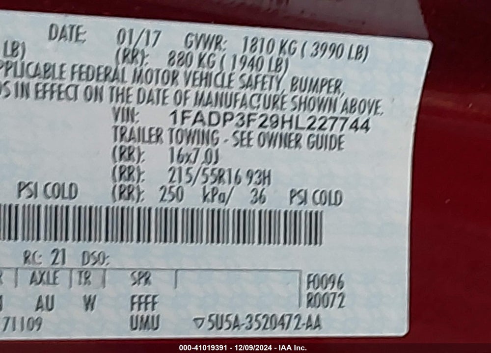 2017 FORD FOCUS SE VIN: 1FADP3F29HL227744