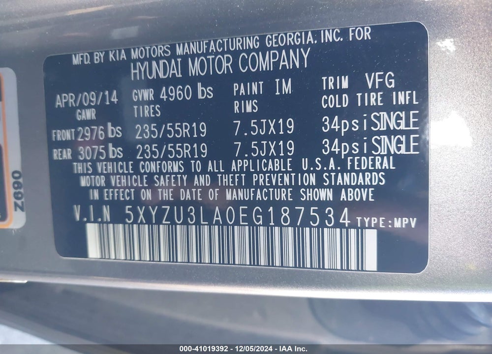 2014 HYUNDAI SANTA FE SPORT 2.0L TURBO VIN: 5XYZU3LA0EG187534