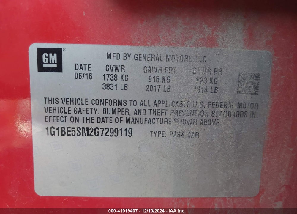 2016 CHEVROLET CRUZE VIN: 1G1BE5SM2G7299119