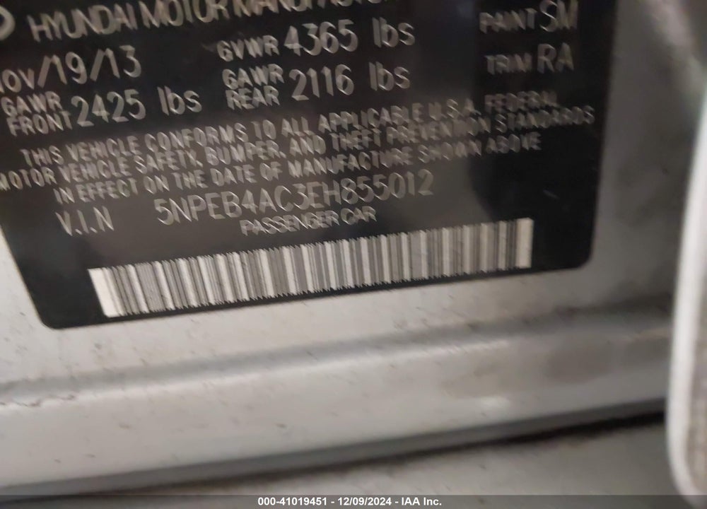 2014 HYUNDAI SONATA GLS VIN: 5NPEB4AC3EH855012