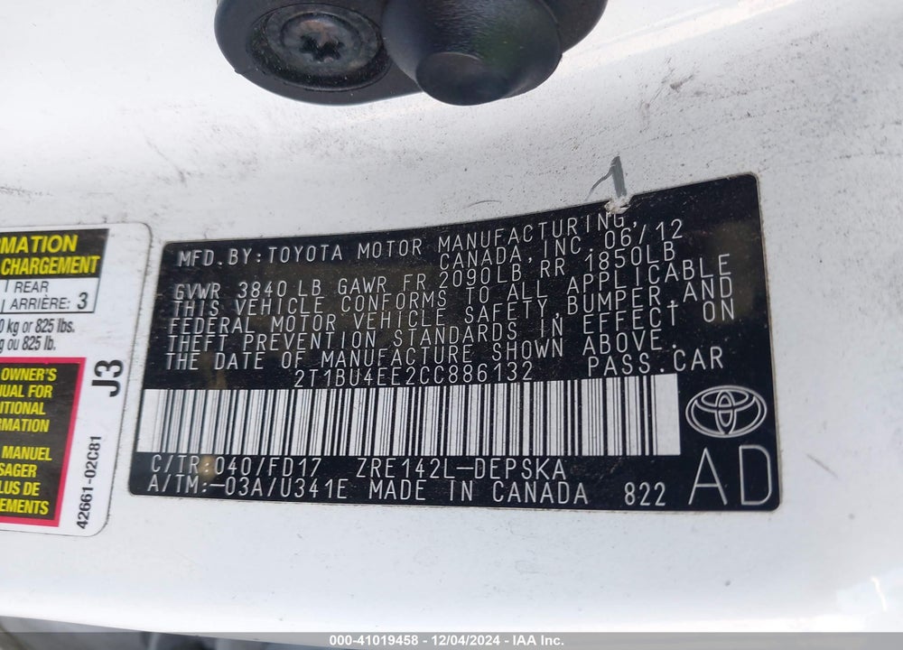 2012 TOYOTA COROLLA VIN: 2T1BU4EE2CC886132