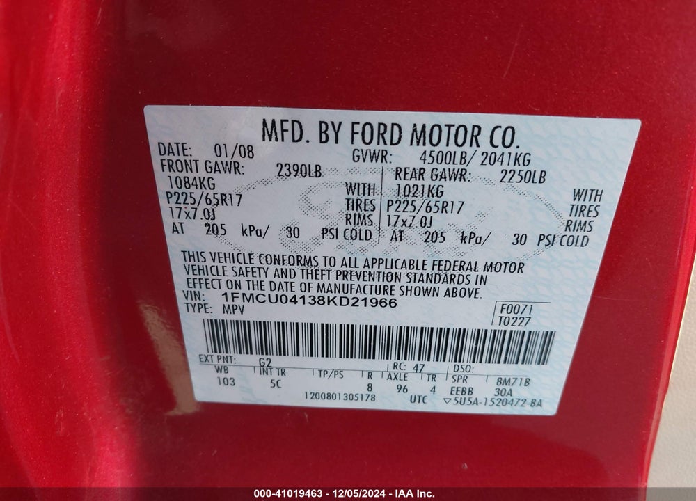 2008 FORD ESCAPE LIMITED VIN: 1FMCU04138KD21966