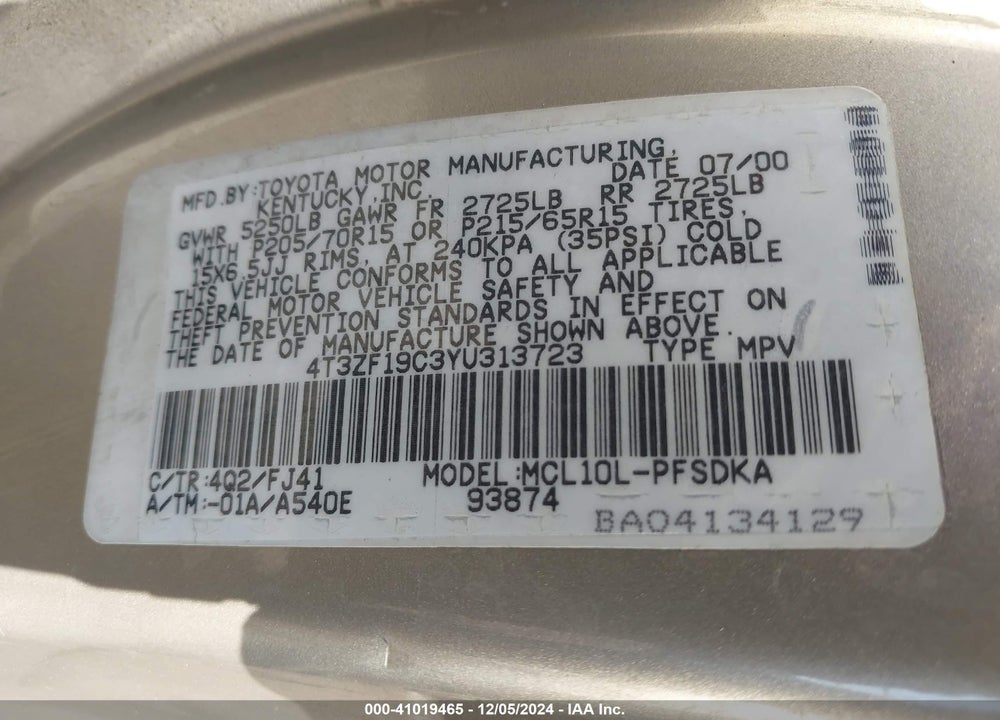 2000 TOYOTA SIENNA CE VIN: 4T3ZF19C3YU313723