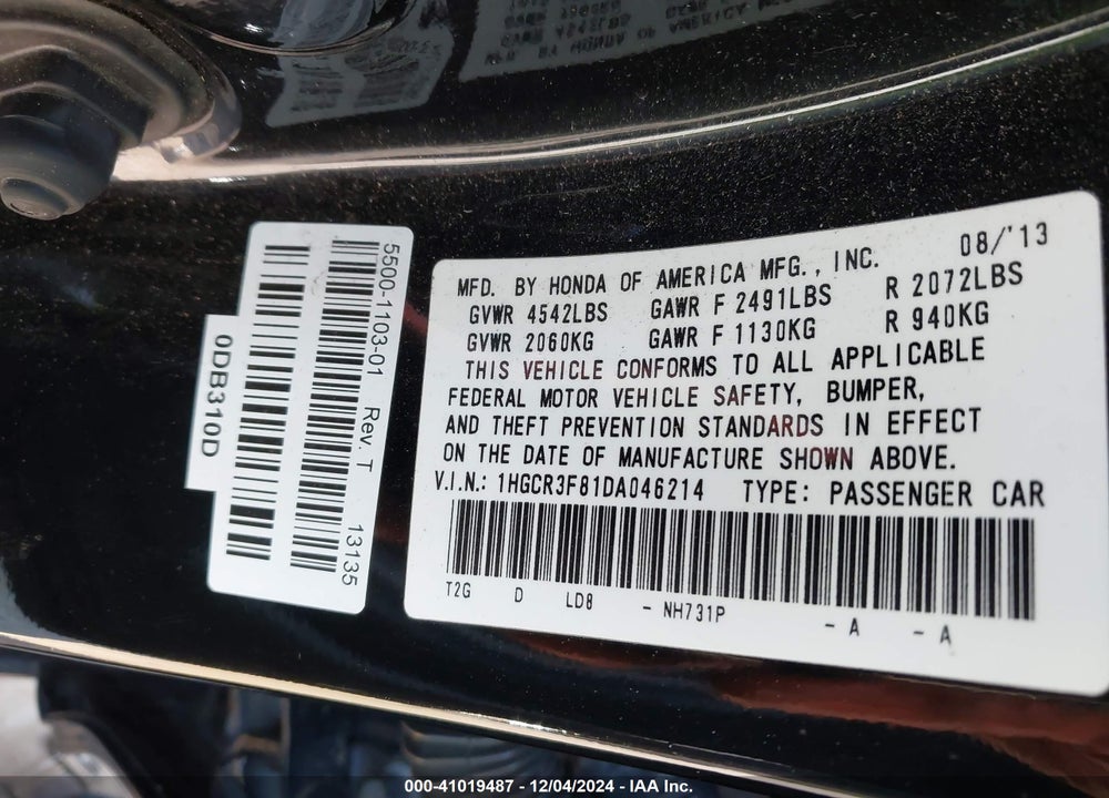 2013 HONDA ACCORD EX-L V-6 VIN: 1HGCR3F81DA046214