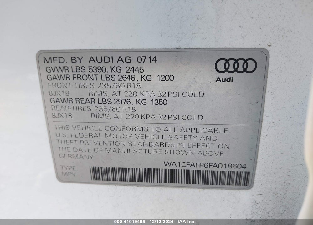 2015 AUDI Q5 2.0T PREMIUM VIN: WA1CFAFP6FA018604