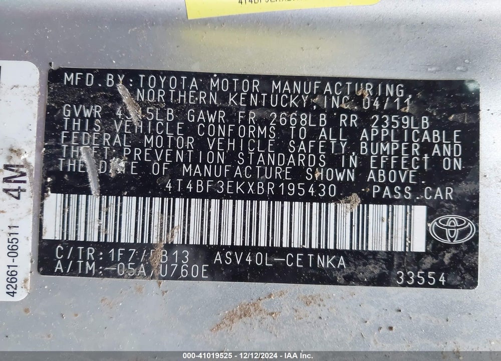 2011 TOYOTA CAMRY VIN: 4T4BF3EKXBR195430