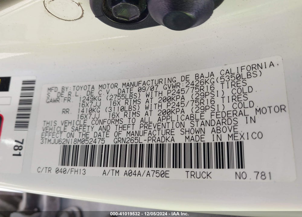 2008 TOYOTA TACOMA PRERUNNER V6 VIN: 3TMJU62N18M052475
