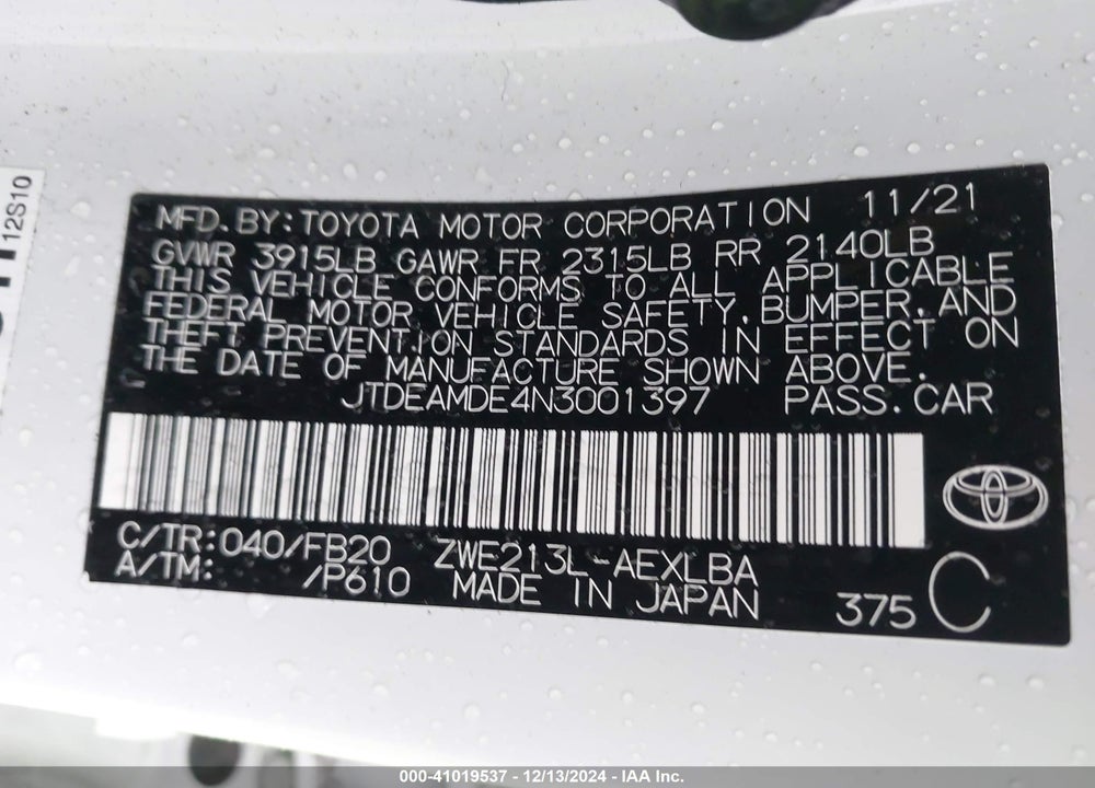 2022 TOYOTA COROLLA HYBRID LE VIN: JTDEAMDE4N3001397