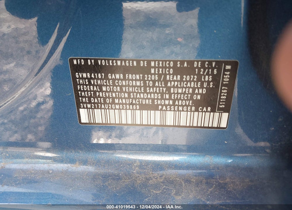 2016 VOLKSWAGEN GOLF TSI S 4-DOOR VIN: 3VW217AU2GM039869
