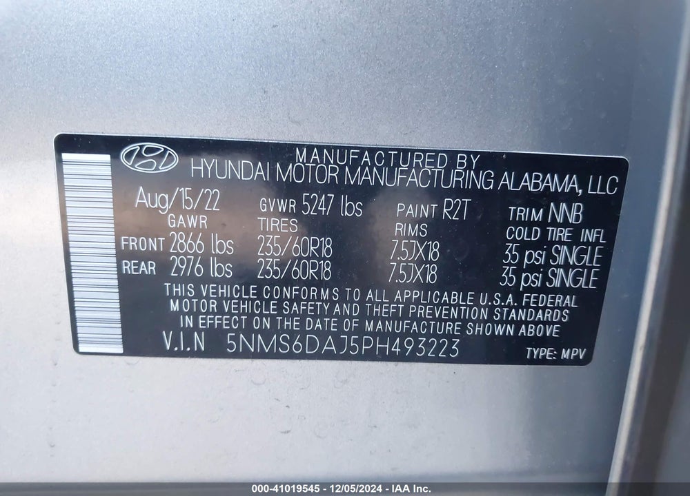 2023 HYUNDAI SANTA FE XRT VIN: 5NMS6DAJ5PH493223