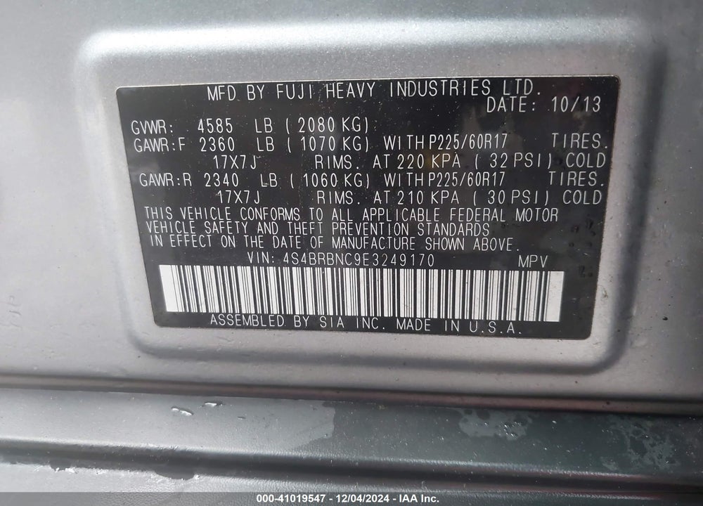 2014 SUBARU OUTBACK 2.5I LIMITED VIN: 4S4BRBNC9E3249170
