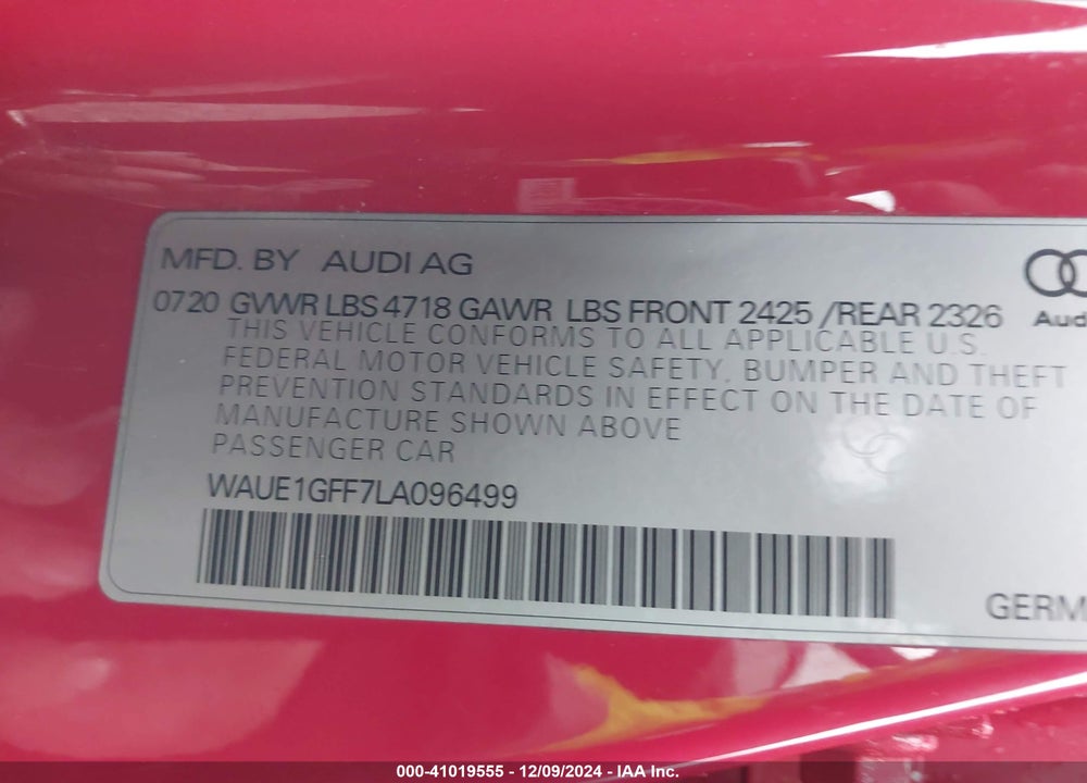 2020 AUDI S3 VIN: WAUE1GFF7LA096499