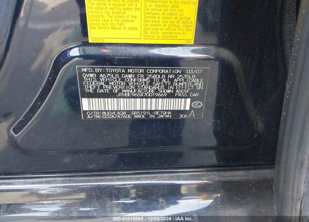 2007 LEXUS GS 350 VIN: JTHBE96SX70019669