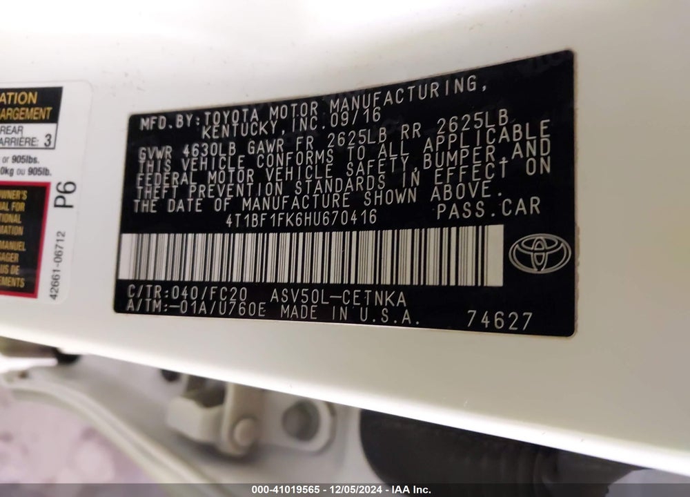 2017 TOYOTA CAMRY LE VIN: 4T1BF1FK6HU670416