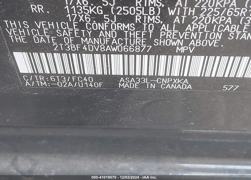 2010 TOYOTA RAV4 VIN: 2T3BF4DV8AW066877