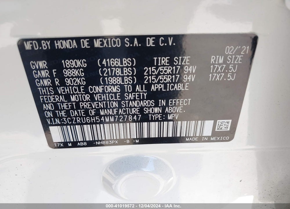 2021 HONDA HR-V AWD EX VIN: 3CZRU6H54MM727847