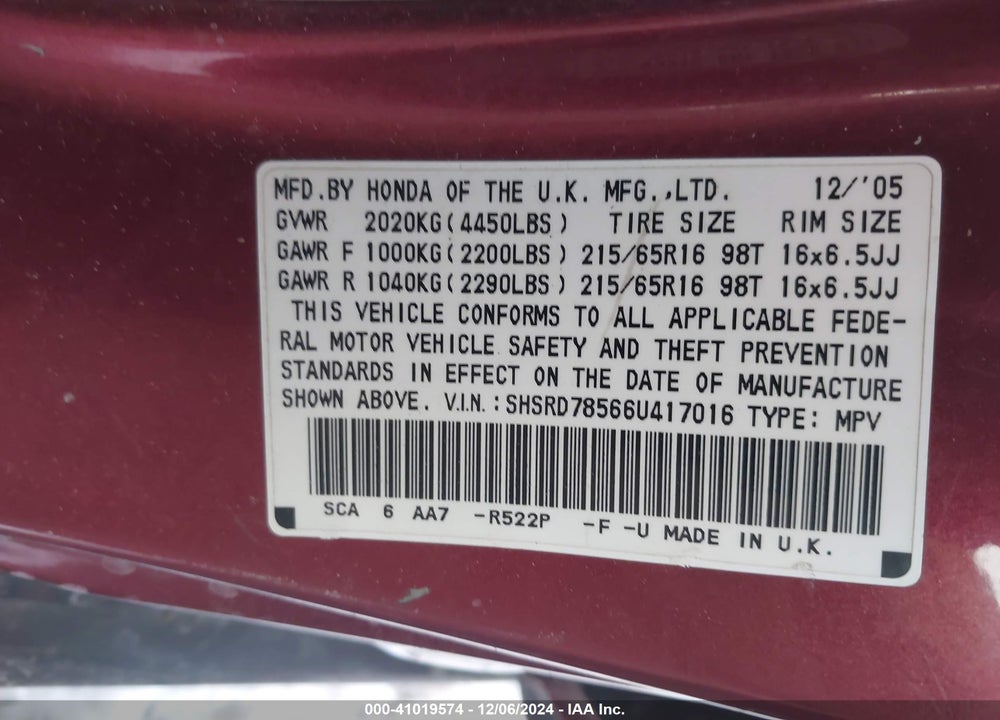 2006 HONDA CR-V LX VIN: SHSRD78566U417016