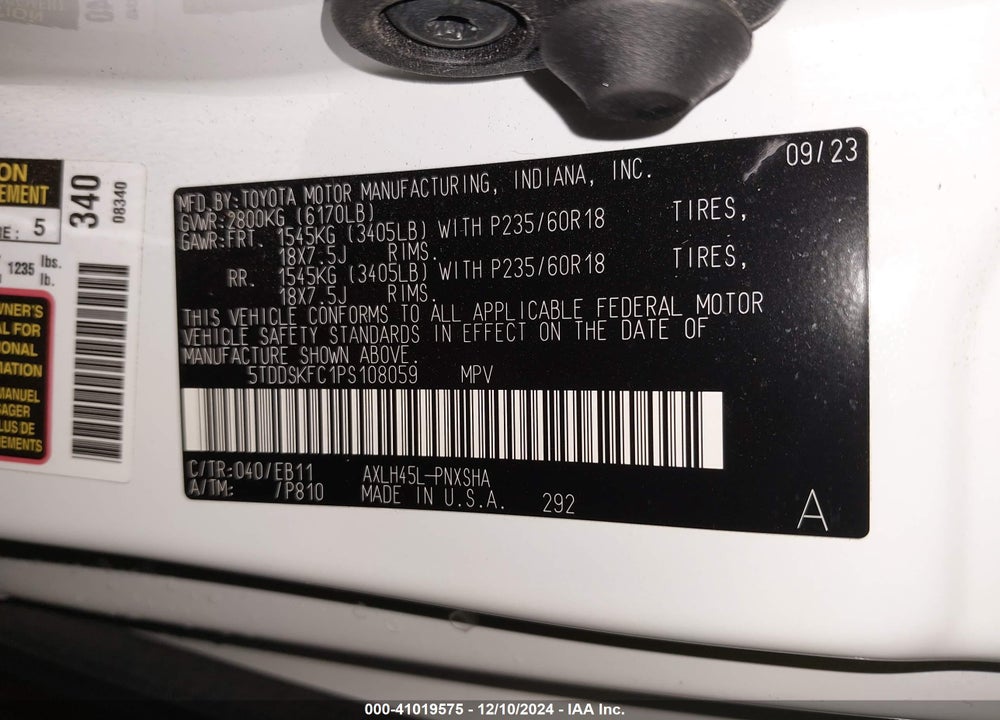 2023 TOYOTA SIENNA XSE VIN: 5TDDSKFC1PS108059