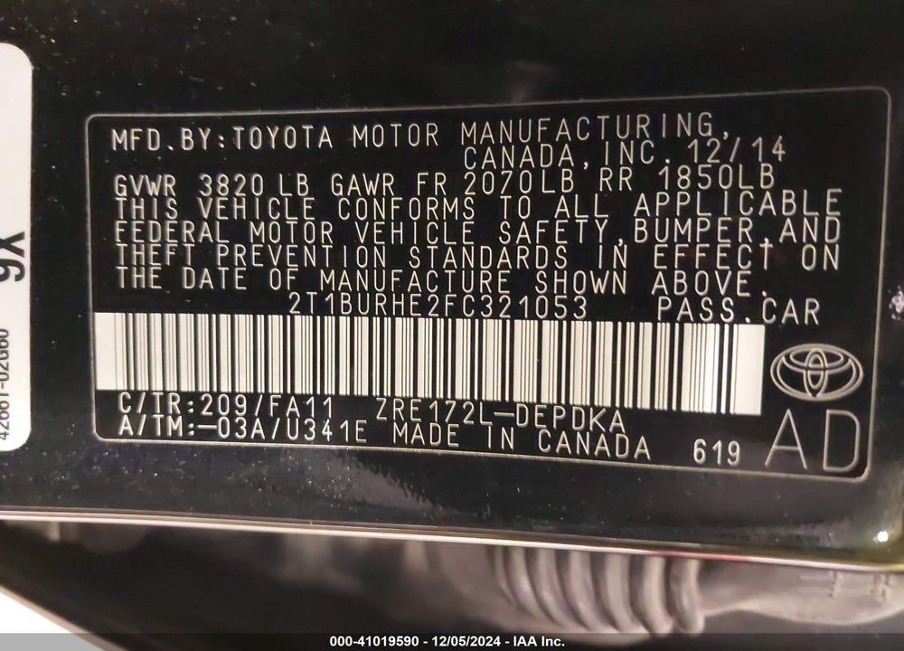 2015 TOYOTA COROLLA VIN: 2T1BURHE2FC321053