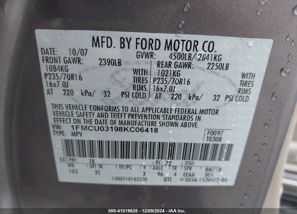 2008 FORD ESCAPE XLT VIN: 1FMCU03198KC06418