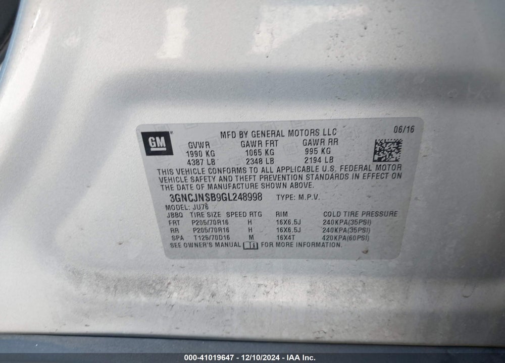 2016 CHEVROLET TRAX 1LS VIN: 3GNCJNSB9GL248998