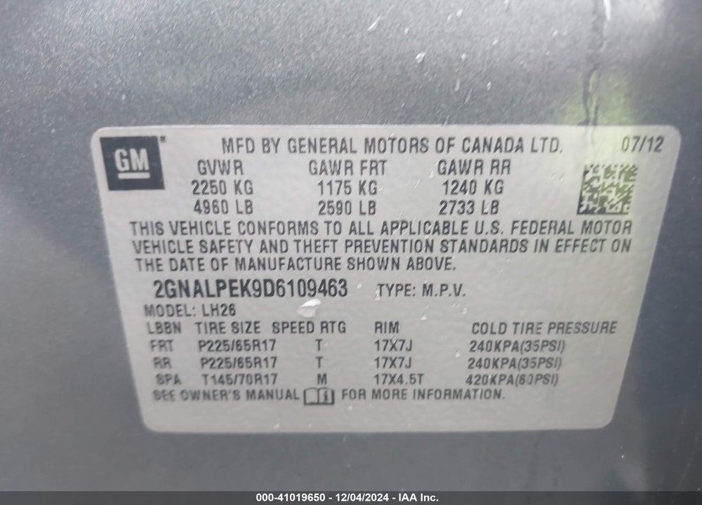 2013 CHEVROLET EQUINOX 2LT VIN: 2GNALPEK9D6109463