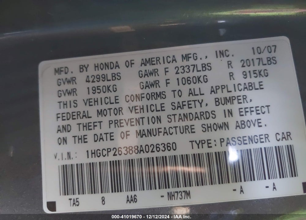2008 HONDA ACCORD 2.4 LX VIN: 1HGCP26388A026360