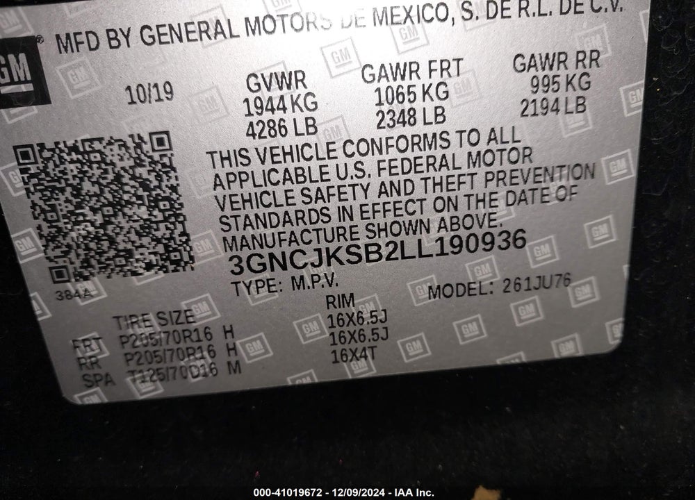 2020 CHEVROLET TRAX FWD LS VIN: 3GNCJKSB2LL190936