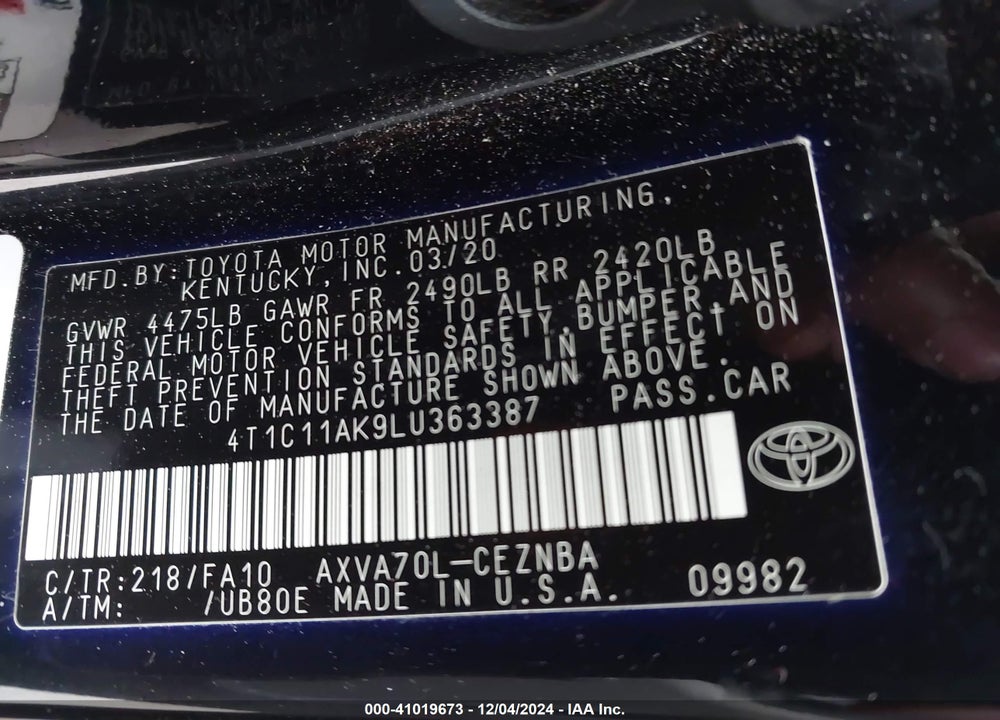 2020 TOYOTA CAMRY VIN: 4T1C11AK9LU363387