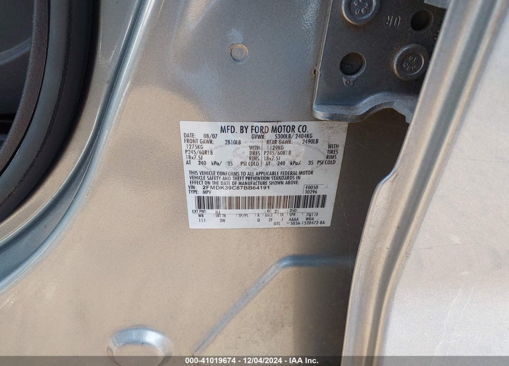 2007 FORD EDGE SEL PLUS VIN: 2FMDK39C87BB64191