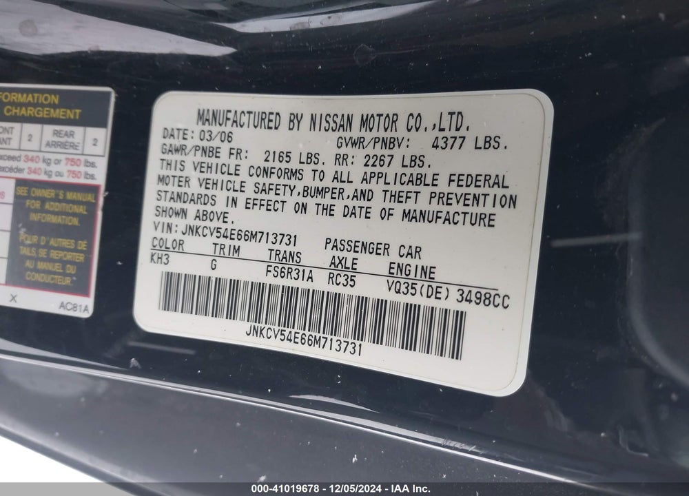 2006 INFINITI G35 VIN: JNKCV54E66M713731