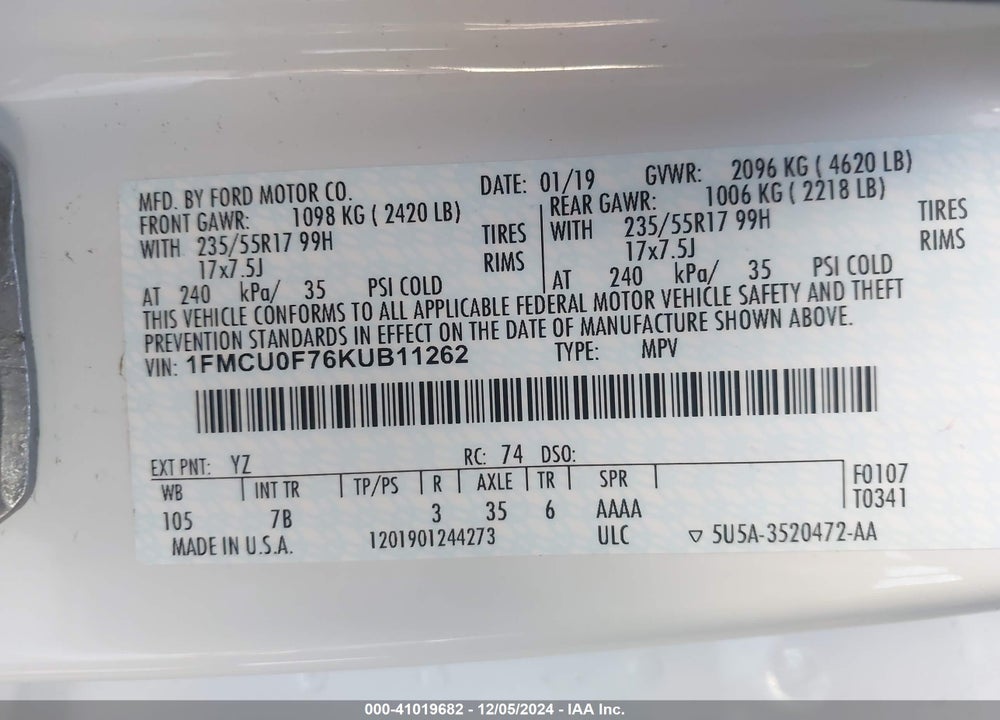 2019 FORD ESCAPE S VIN: 1FMCU0F76KUB11262