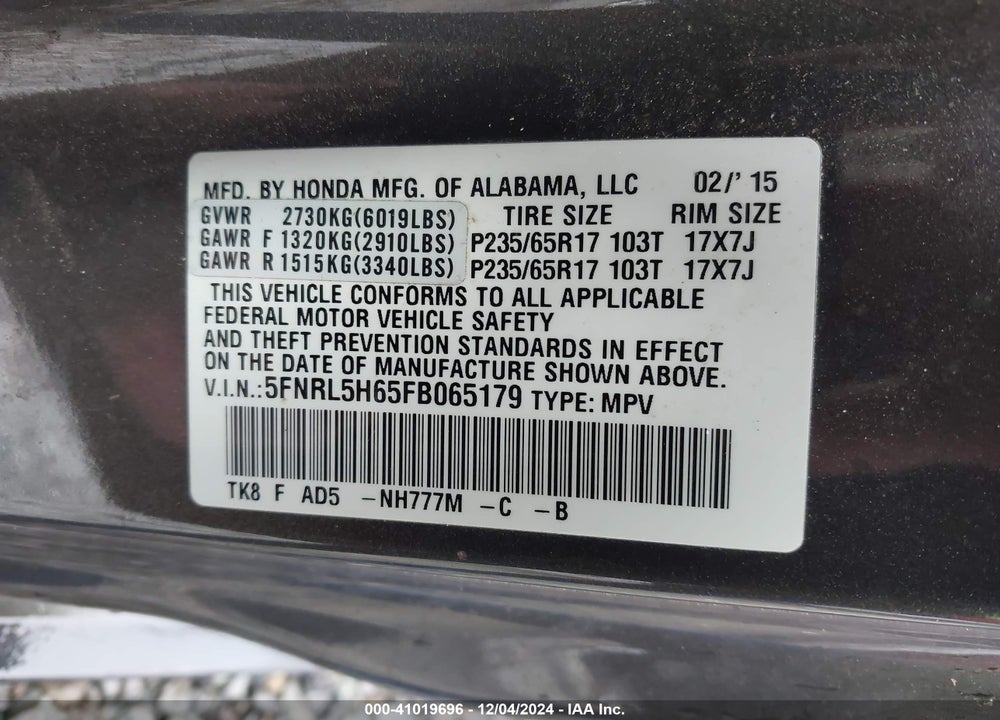 2015 HONDA ODYSSEY EX-L VIN: 5FNRL5H65FB065179