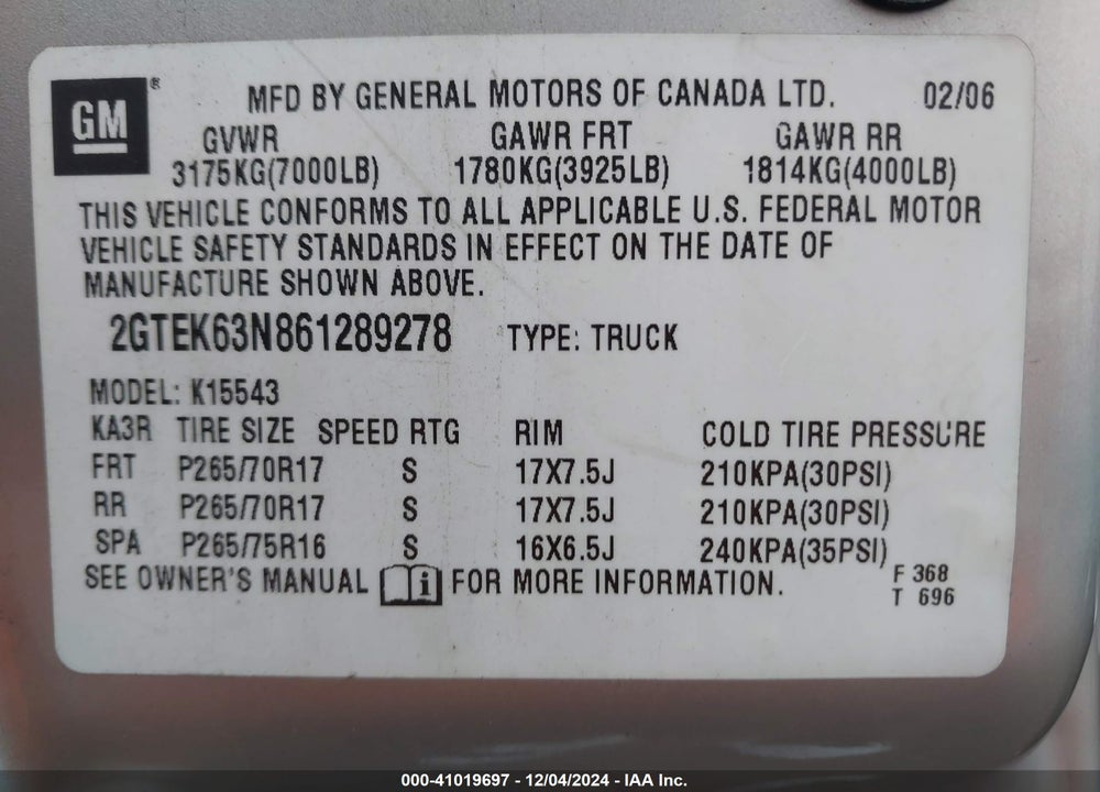 2006 GMC SIERRA 1500 DENALI VIN: 2GTEK63N861289278