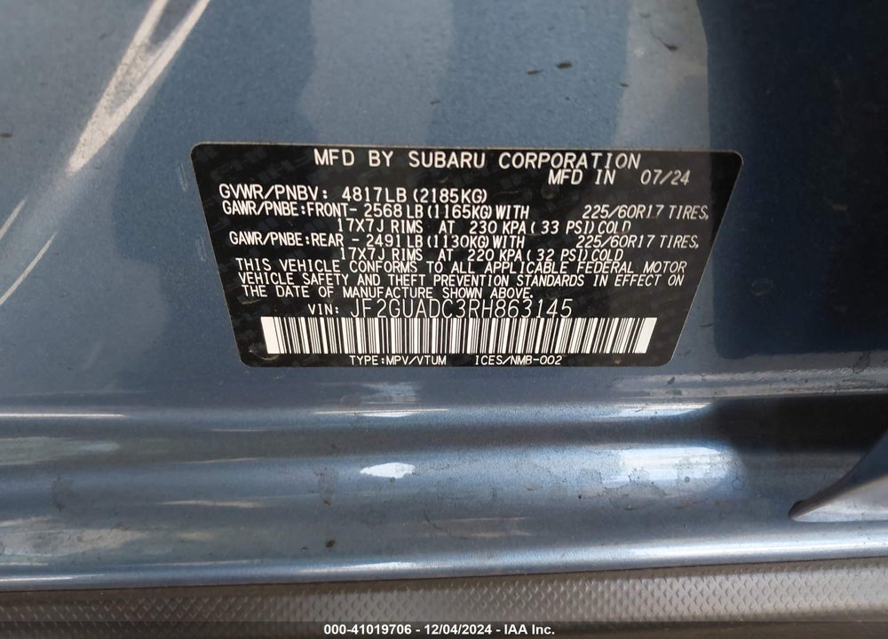 2024 SUBARU CROSSTREK PREMIUM VIN: JF2GUADC3RH863145