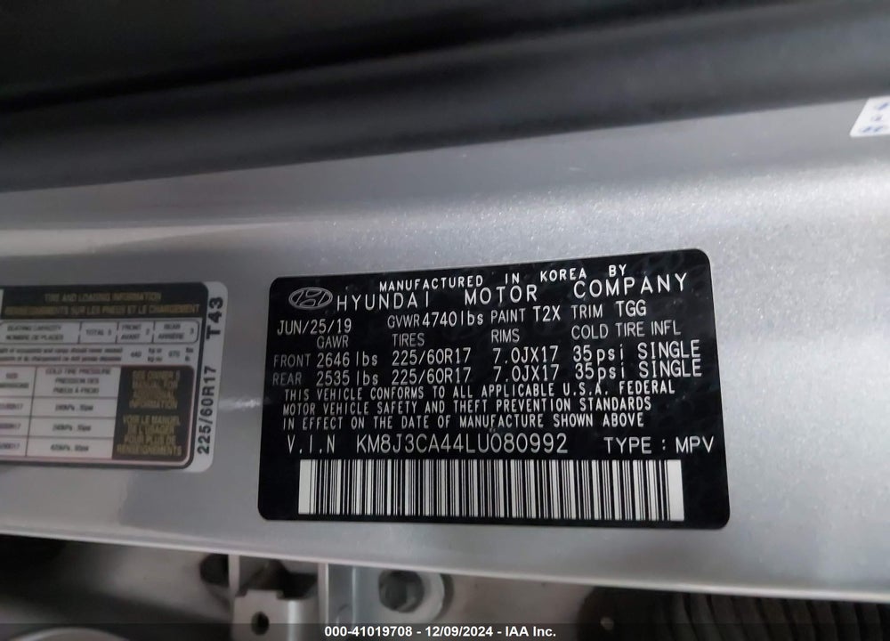 2020 HYUNDAI TUCSON VALUE VIN: KM8J3CA44LU080992