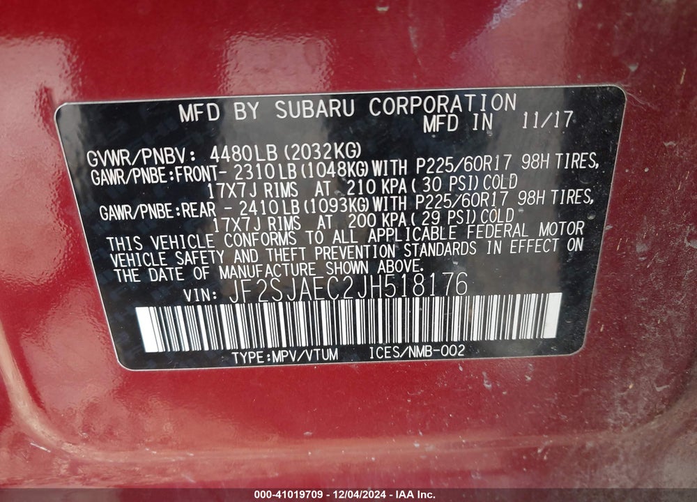 2018 SUBARU FORESTER 2.5I PREMIUM VIN: JF2SJAEC2JH518176