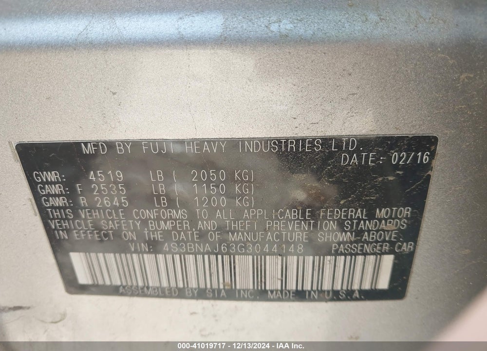 2016 SUBARU LEGACY VIN: 4S3BNAJ63G3044148