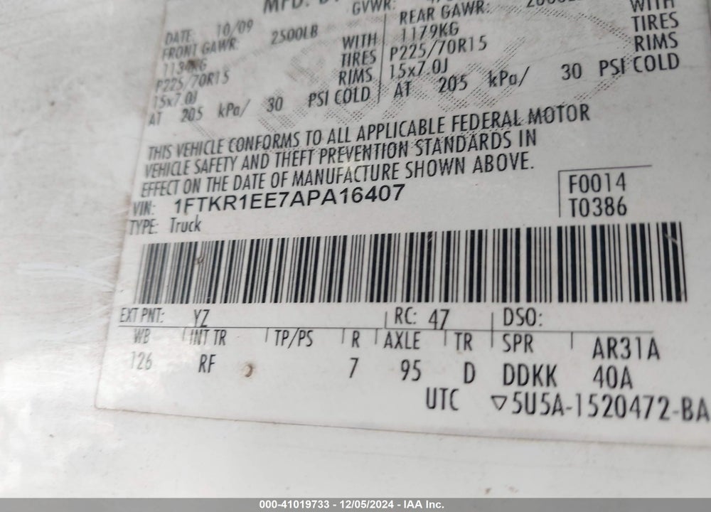 2010 FORD RANGER VIN: 1FTKR1EE7APA16407