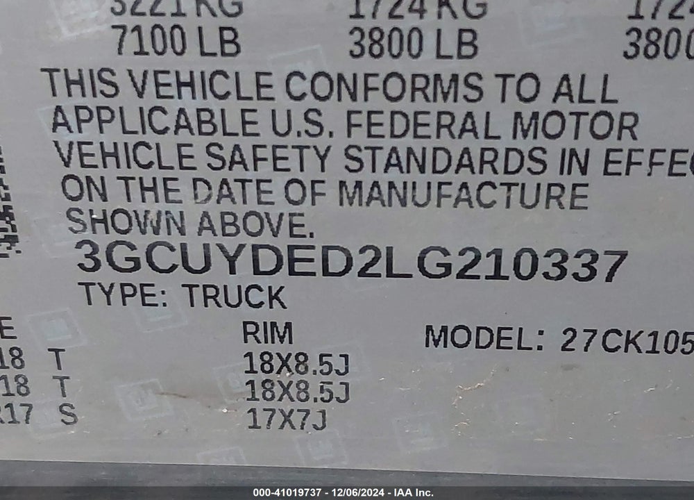 2020 CHEVROLET SILVERADO 1500 4WD SHORT BED LT VIN: 3GCUYDED2LG210337