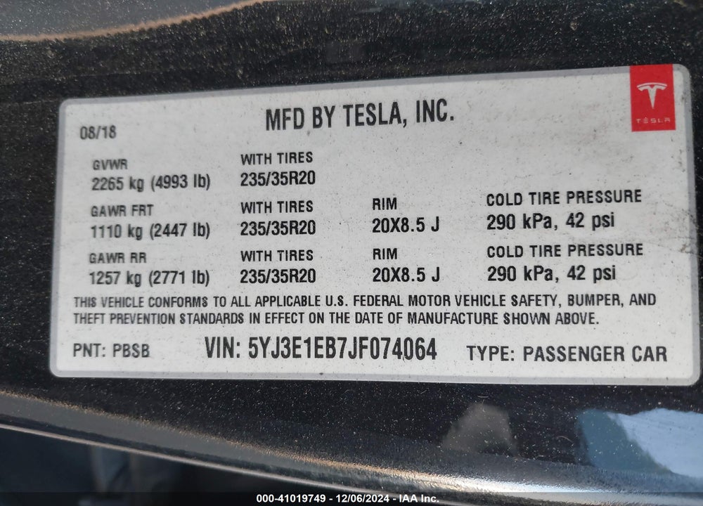 2018 TESLA MODEL 3 VIN: 5YJ3E1EB7JF074064