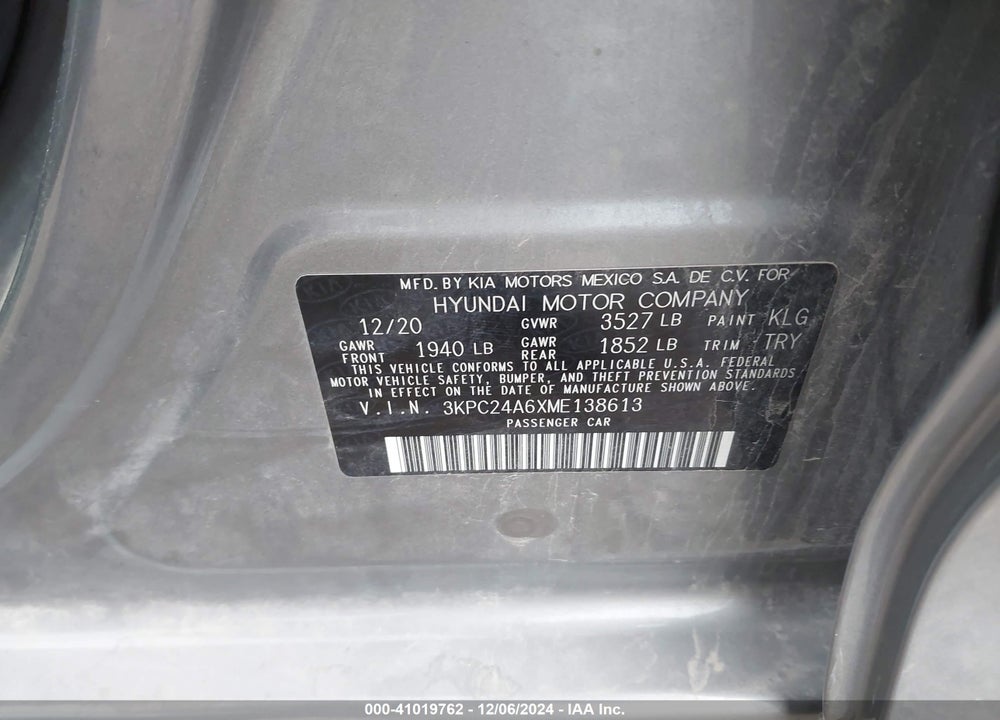 2021 HYUNDAI ACCENT VIN: 3KPC24A6XME138613