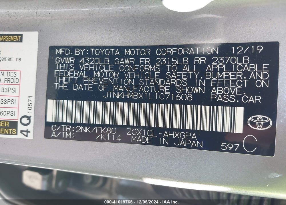 2020 TOYOTA C-HR XLE VIN: JTNKHMBX1L1071608