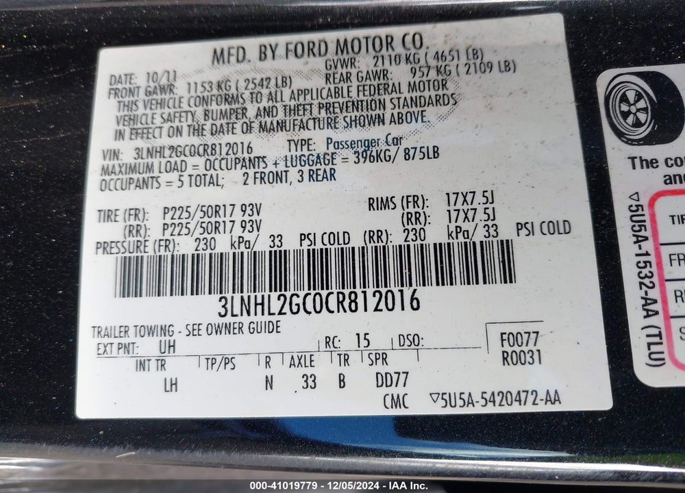 2012 LINCOLN MKZ VIN: 3LNHL2GC0CR812016