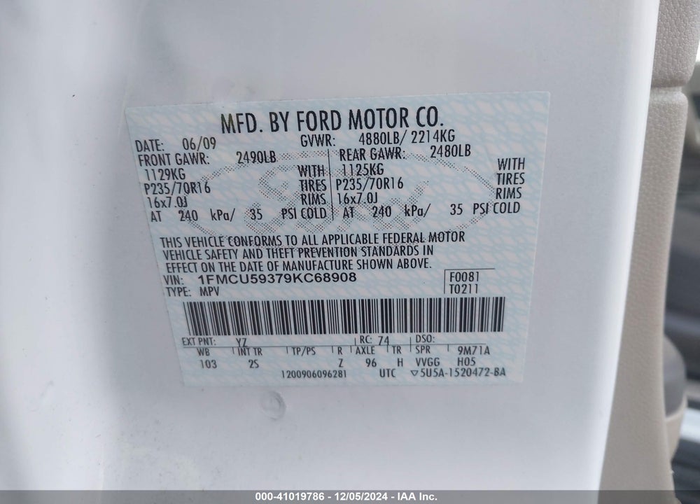2009 FORD ESCAPE HYBRID LIMITED VIN: 1FMCU59379KC68908