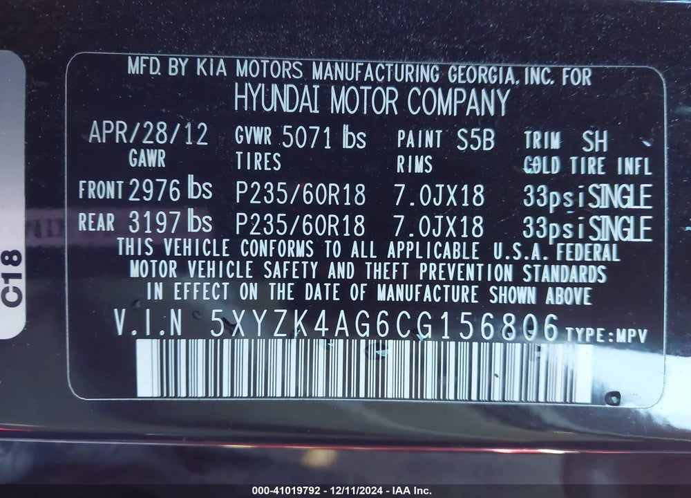 2012 HYUNDAI SANTA FE LIMITED V6 VIN: 5XYZK4AG6CG156806